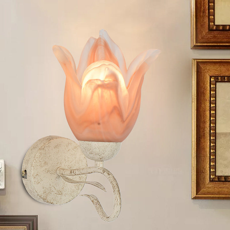 White Floral Wall Sconce Light Traditionalism Frosted Glass 1 Head Living Room Wall Lighting