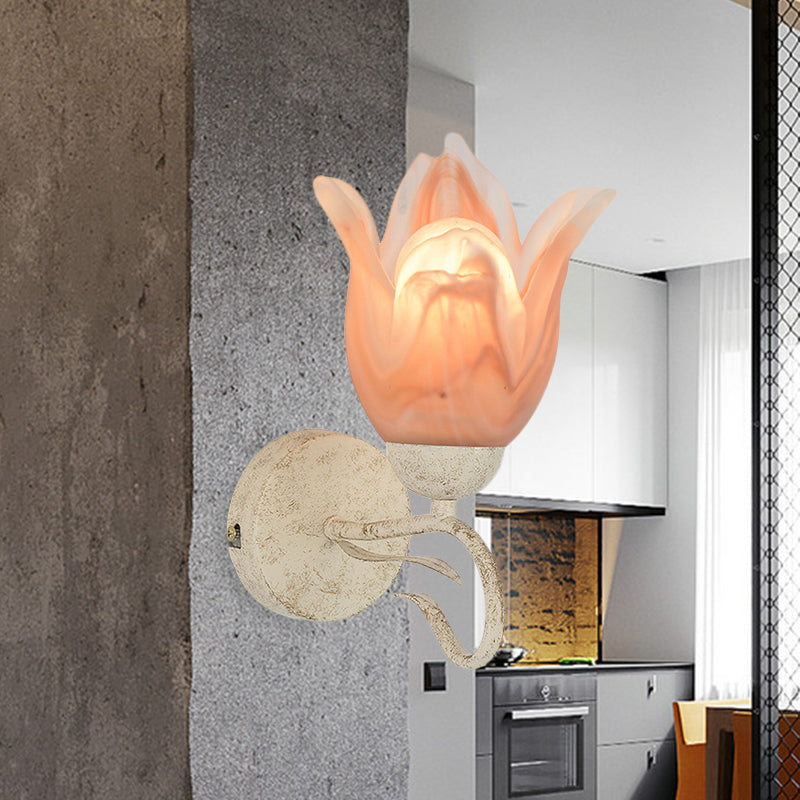 White Floral Wall Sconce Light Traditionalism Frosted Glass 1 Head Living Room Wall Lighting