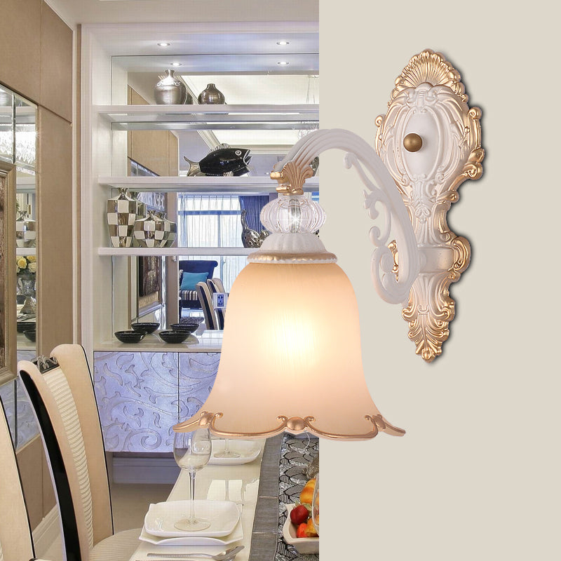 Swooping Arm Bedroom Wall Light Classic Frosted Glass 1 Bulb Beige Wall Sconce Lamp
