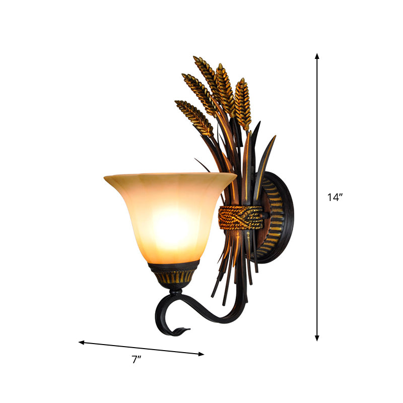 Bell Bedroom Wall Sconce Light Vintage Frosted Glass 1-Head Black and Gold Wall Lighting