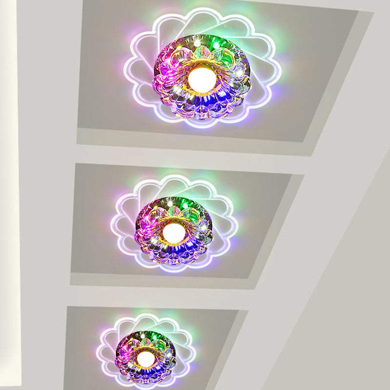 Simple Blossom Flush Mount Ceiling Light LED Clear Faceted Crystal Lighting Fixture for Bedroom, Warm/Multi Color Light