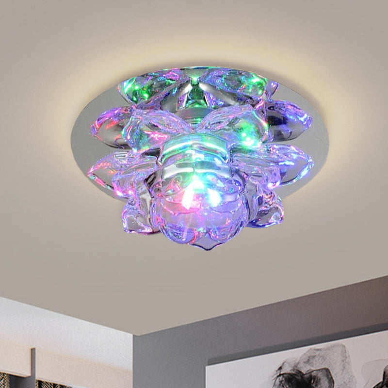 Clear Faceted Crystal Lotus Flush Ceiling Light Modern LED Lighting Fixture for Bedroom in Warm/White/Multi Color Light