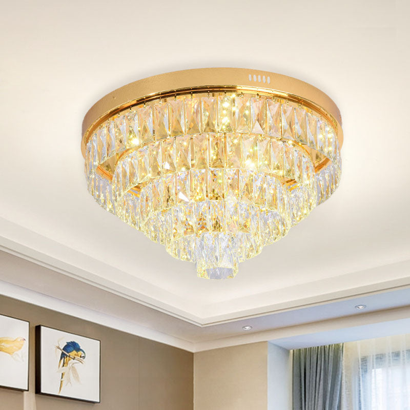 Gold 16"/24" Wide LED Flushmount Lighting Modern Crystal Block Tiered Round Ceiling Fixture with Cone Design