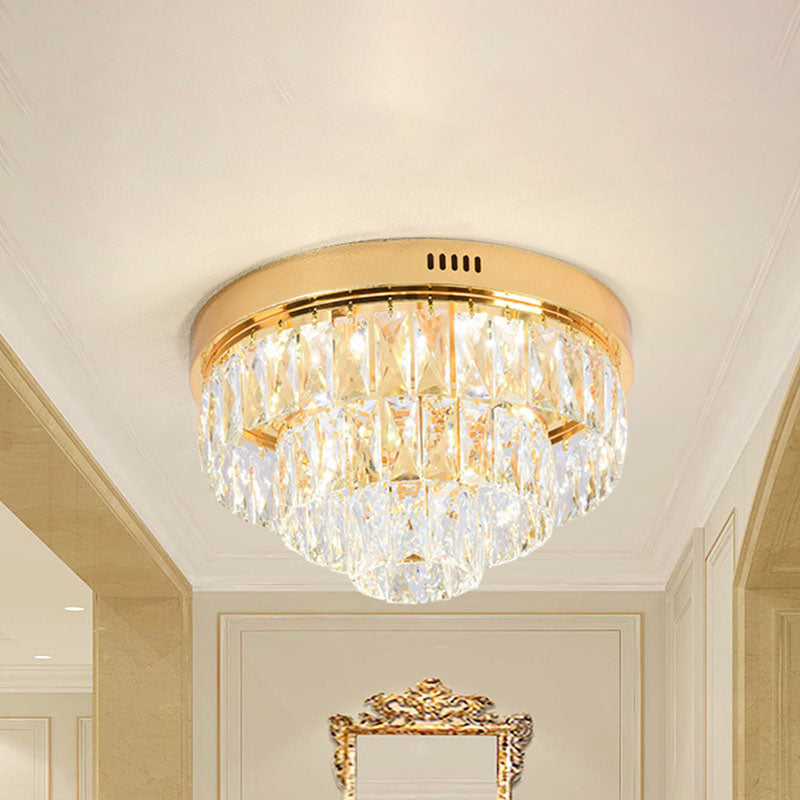 Gold 16"/24" Wide LED Flushmount Lighting Modern Crystal Block Tiered Round Ceiling Fixture with Cone Design