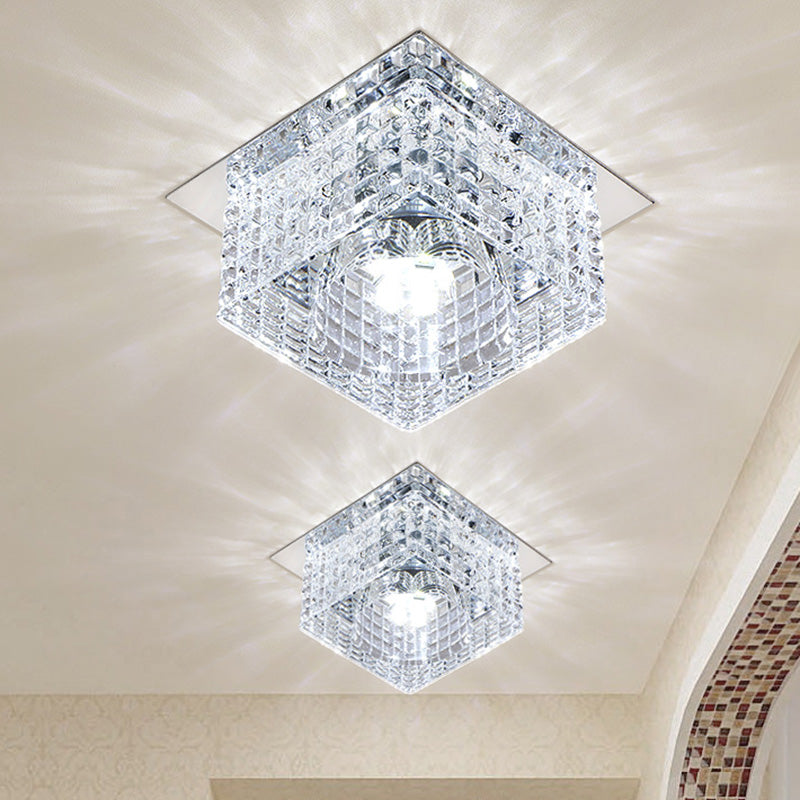 LED Clear Crystal Flush Mount Lighting Modern Chrome Square Corridor Ceiling Light with Dome Shade in Warm/White/Multi Color Light