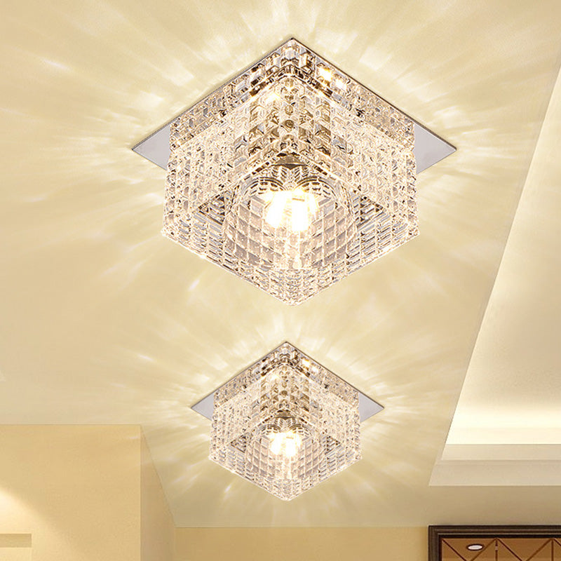 LED Clear Crystal Flush Mount Lighting Modern Chrome Square Corridor Ceiling Light with Dome Shade in Warm/White/Multi Color Light