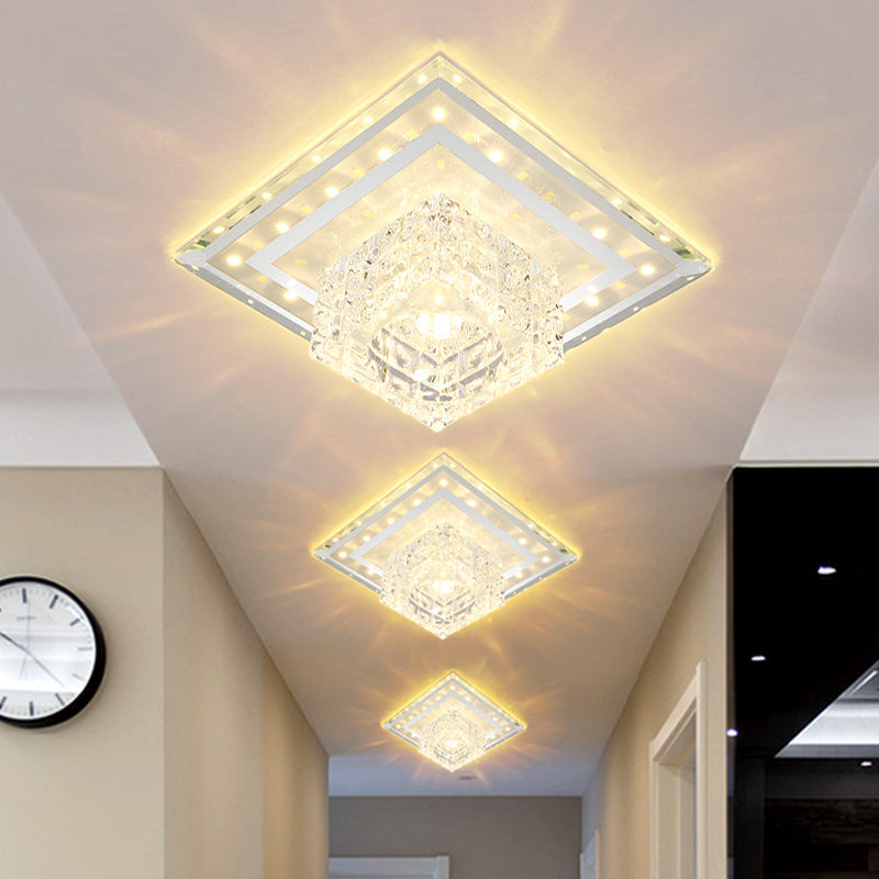 Clear Faceted Crystal Flush Light Fixture Square LED Modernist Ceiling Flush Mount in Warm/White/Multi Color Light