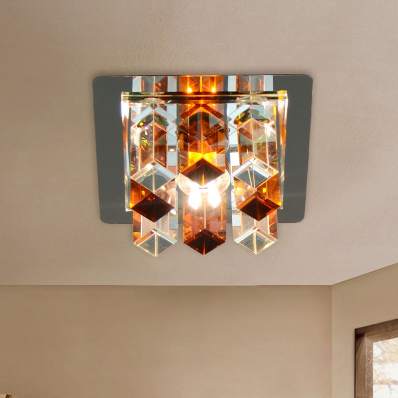 LED Flush Mount Light Minimal Square Blue/Clear/Tan Crystal Block Close to Ceiling Lamp for Hallway