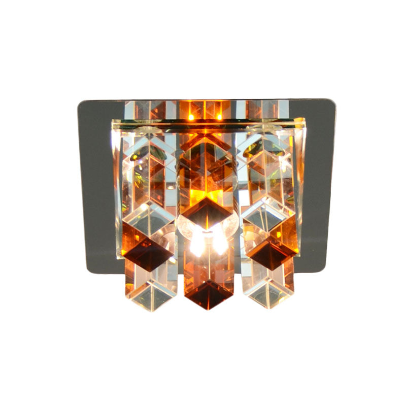 LED Flush Mount Light Minimal Square Blue/Clear/Tan Crystal Block Close to Ceiling Lamp for Hallway