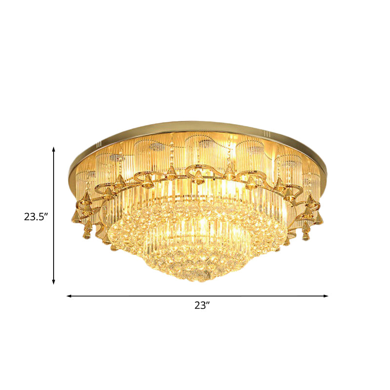 Gold Layered Round Flushmount Light Minimal Faceted Crystal LED Living Room Ceiling Flush Mount