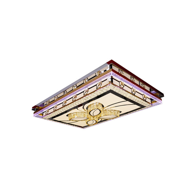 Chrome LED Flush Mount Simple Faceted Crystal Rectangle Ceiling Mounted Fixture with Flower Design