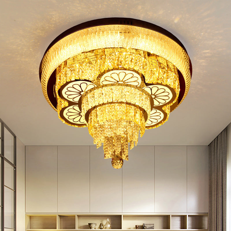 Minimal Flower Flush Light Fixture LED Beveled Crystal Ceiling Lighting in Gold with Tiered Design
