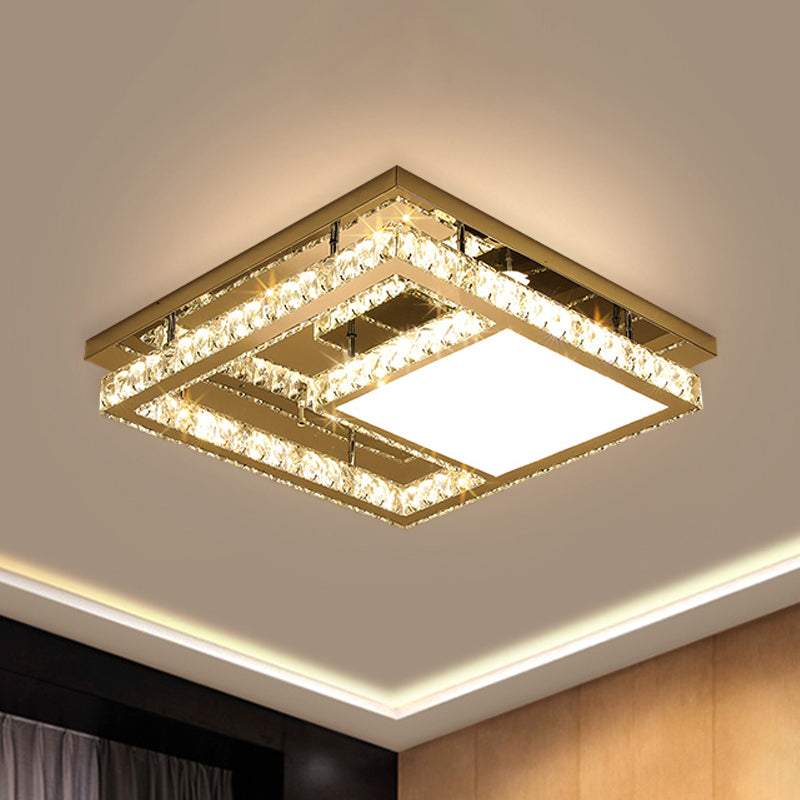Square Bedroom Flush Mount Ceiling Light Modernist Facettes Crystal LED Chrome Flushmount Lighting