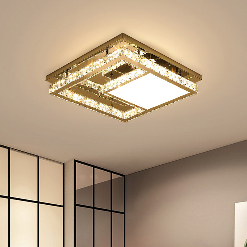Square Bedroom Flush Mount Ceiling Light Modernist Faceted Crystal LED Chrome Flushmount Lighting