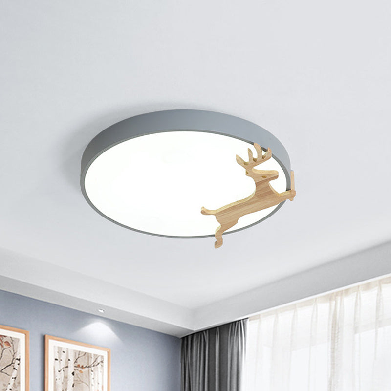Lampada da soffitto rotonda in acrilico nordico grigio/bianco/verde con motivo cervo in corsa e lampada da soffitto a LED in legno