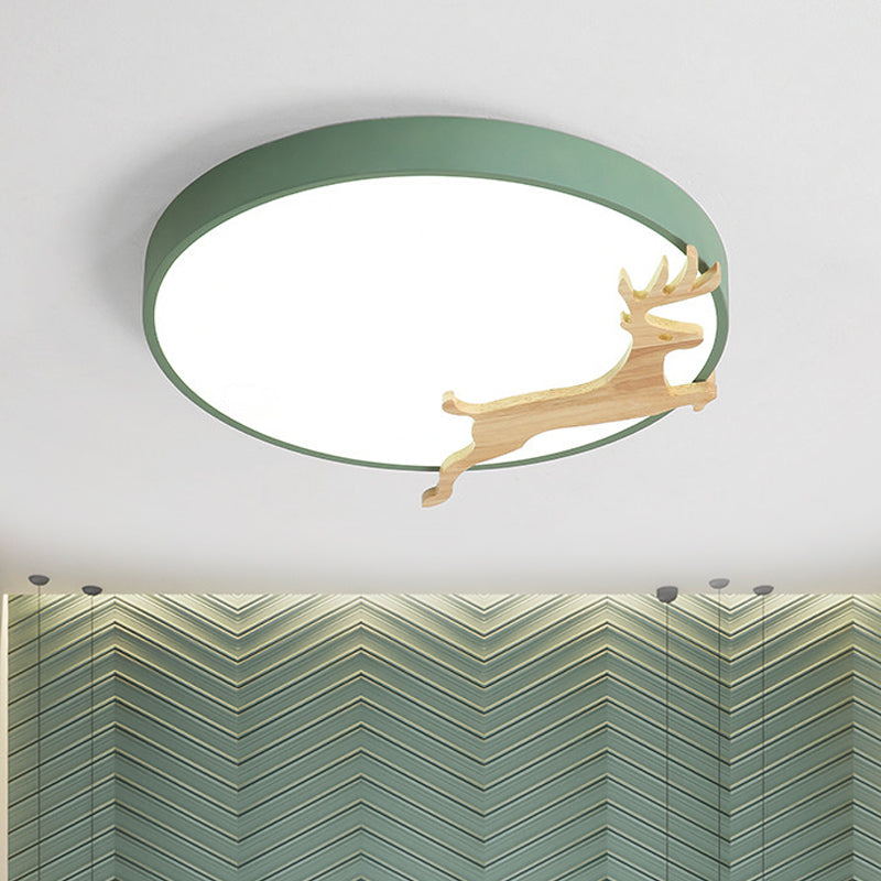 Lampada da soffitto rotonda in acrilico nordico grigio/bianco/verde con motivo cervo in corsa e lampada da soffitto a LED in legno