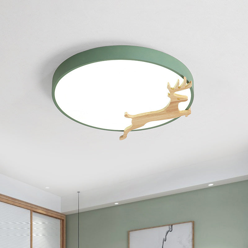 Lampada da soffitto rotonda in acrilico nordico grigio/bianco/verde con motivo cervo in corsa e lampada da soffitto a LED in legno