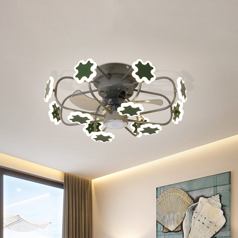 Cage de fleur LED Semi Flush Plafond ventilateur macaron fer 5-lame 23,5 "W chambre semi-flustion Mount Lumière avec décoration croix en gris / blanc / café