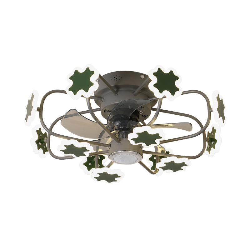 Flower Cage LED Semi Flush Ceiling Fan Macaron Iron 5-Blade 23.5" W Bedroom Semi Flush Mount Light with Cross Decor in Grey/White/Coffee