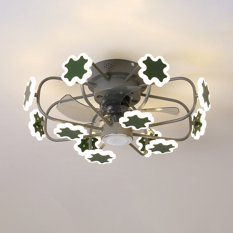 Flower Cage LED Semi Flush Ceiling Fan Macaron Iron 5-Blade 23.5" W Bedroom Semi Flush Mount Light with Cross Decor in Grey/White/Coffee