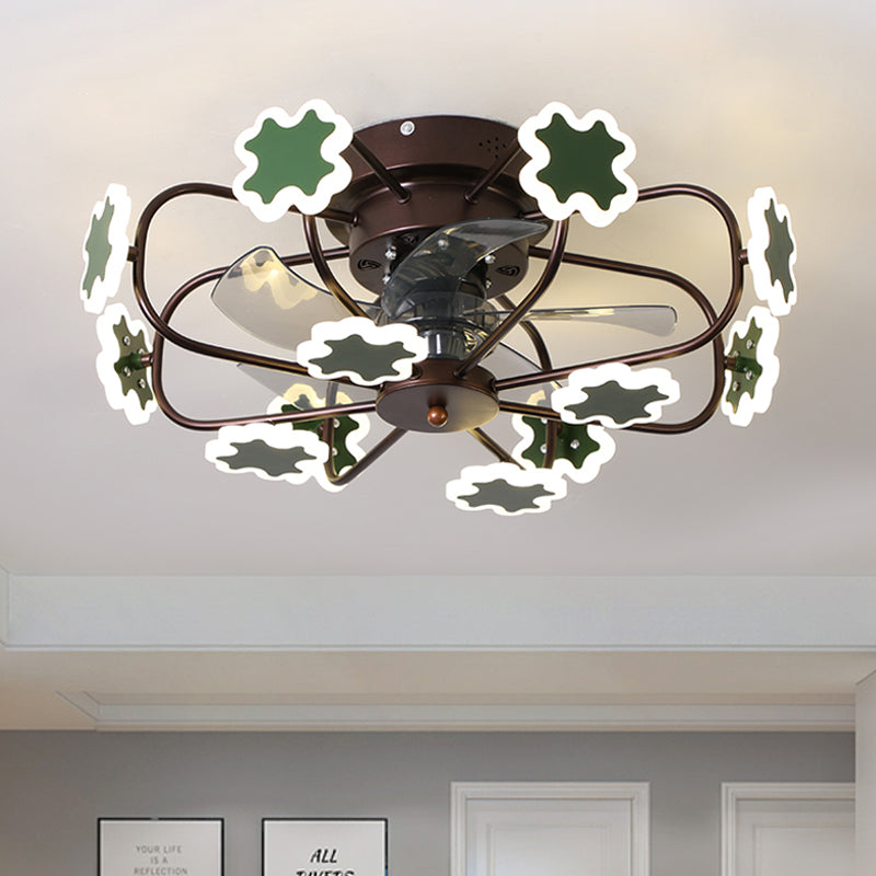 Cage de fleur LED Semi Flush Plafond ventilateur macaron fer 5-lame 23,5 "W chambre semi-flustion Mount Lumière avec décoration croix en gris / blanc / café