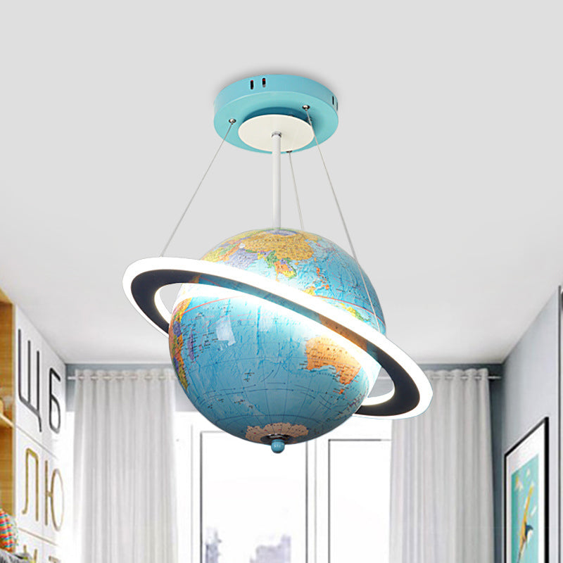 Geographic World Globe Pendant Light Kids Metal Bedroom LED Ceiling Chandelier in Yellow/Blue