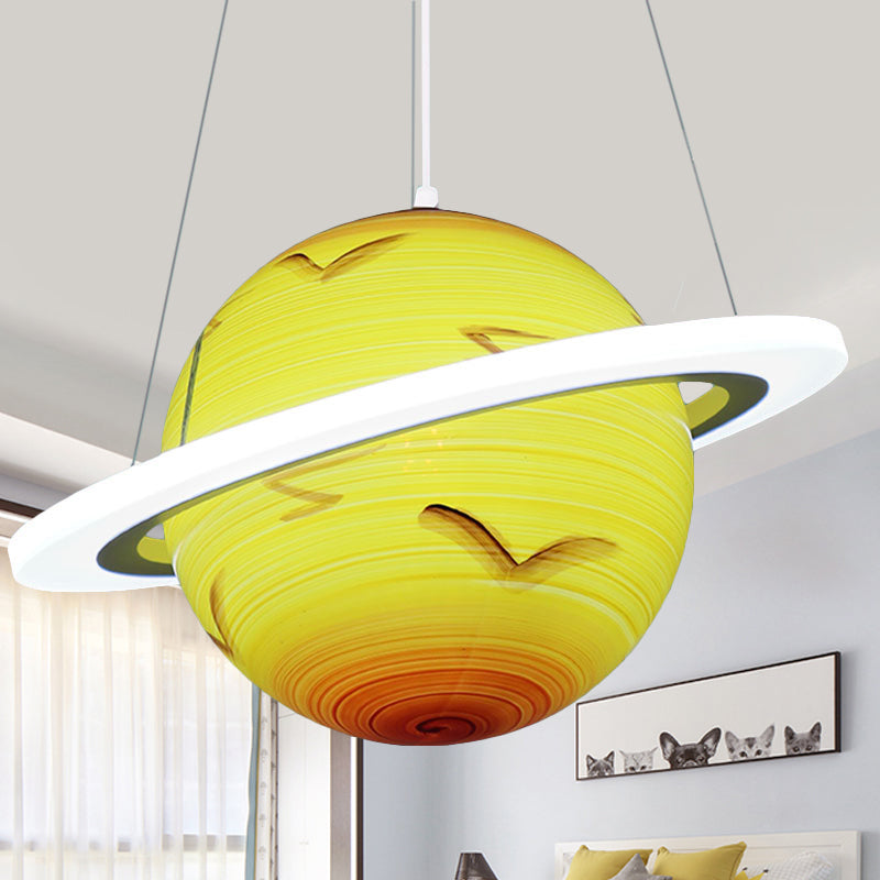Kids 1 Bulb Suspension Light Yellow-Brown Jupiter/Blue Earth/Orange Sun Globe Pendant Chandelier with Acrylic Shade