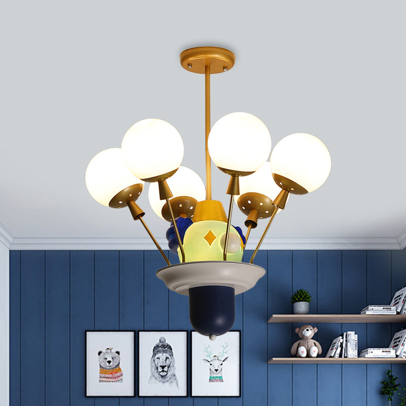 Clown and Balloon Chandelier Kids White/Blue-Pink-Yellow Glass 6 Bulbs Play Room Hanging Pendant Light