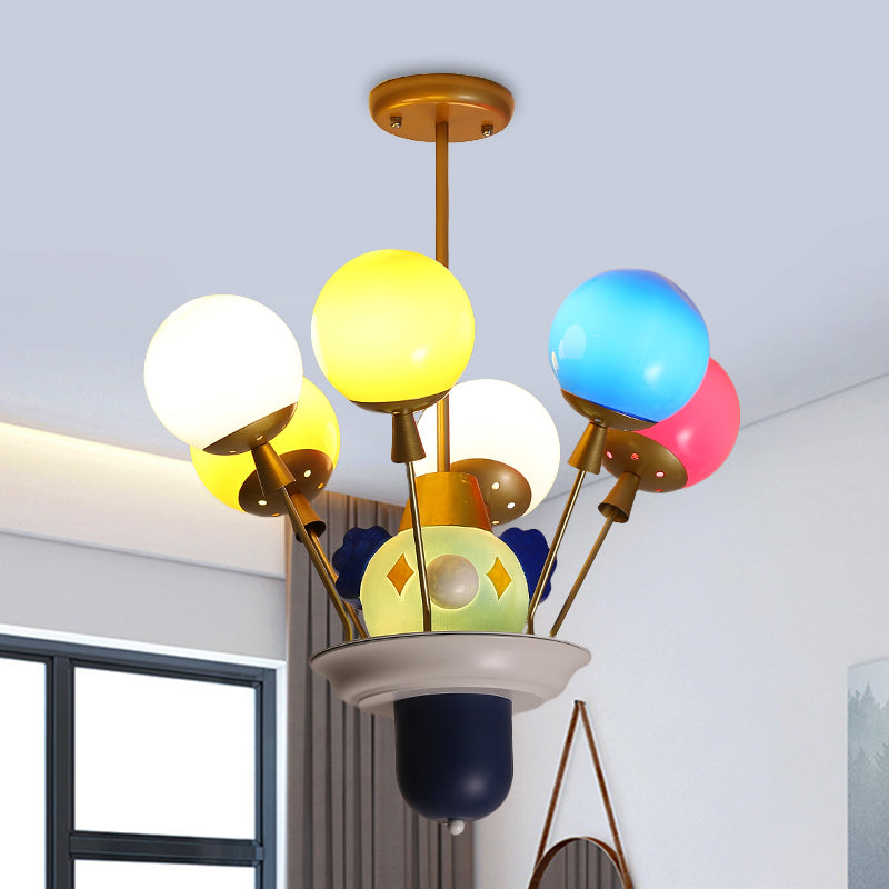 Clown and Balloon Chandelier Kids White/Blue-Pink-Yellow Glass 6 Bulbs Play Room Hanging Pendant Light