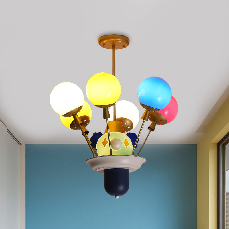 Clown and Balloon Chandelier Kids White/Blue-Pink-Yellow Glass 6 Bulbs Play Room Hanging Pendant Light