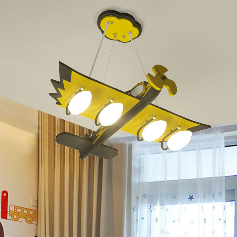 Kids Aircraft Chandelier Wood 4 Bulbs Children Game Room Hanging Lamp in Yellow with White Glass Shade