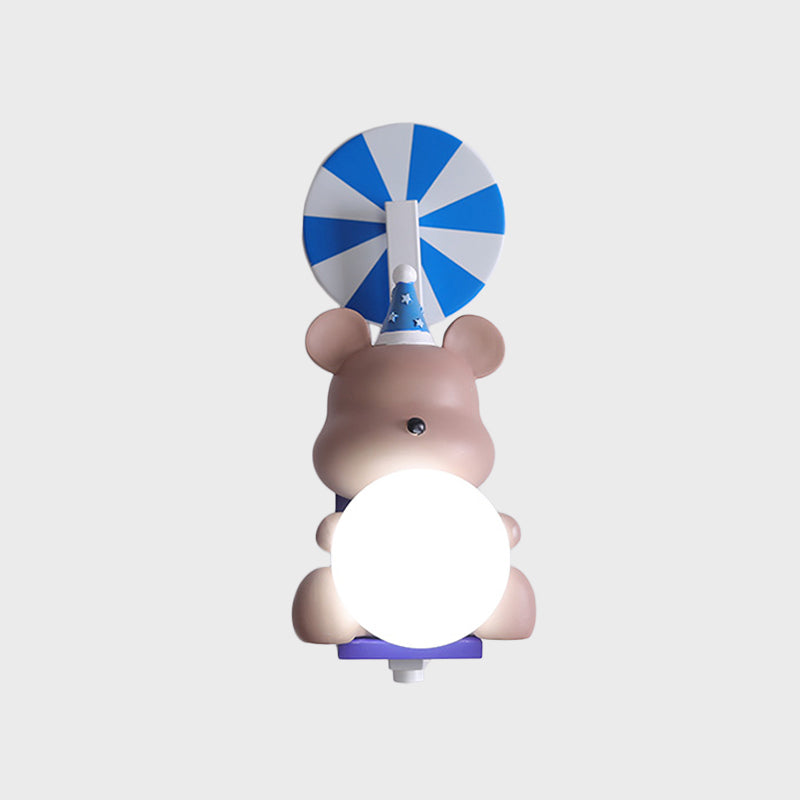 Birthday Bear Holding A Ball Wall Lamp Cartoon Resin 1-Light Pink/Blue Sconce Light with Milk Glass Shade