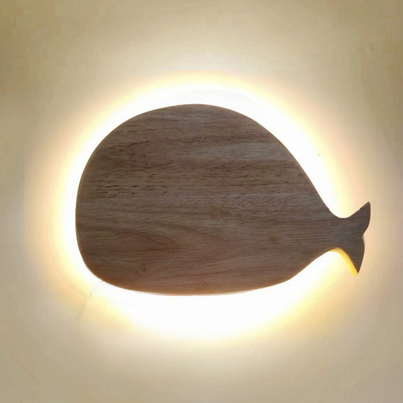 Black/White/Beige Whale Wall Lighting Cartoon Wood LED Flush Wall Sconce with/without Clock in Warm/White Light