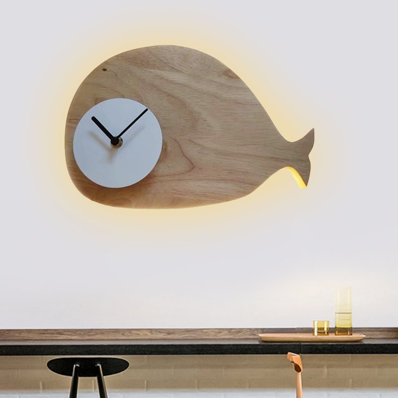 Black/White/Beige Whale Wall Lighting Cartoon Wood LED Flush Wall Sconce with/without Clock in Warm/White Light