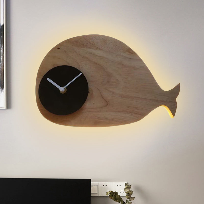 Black/White/Beige Whale Wall Lighting Cartoon Wood LED Flush Wall Sconce with/without Clock in Warm/White Light