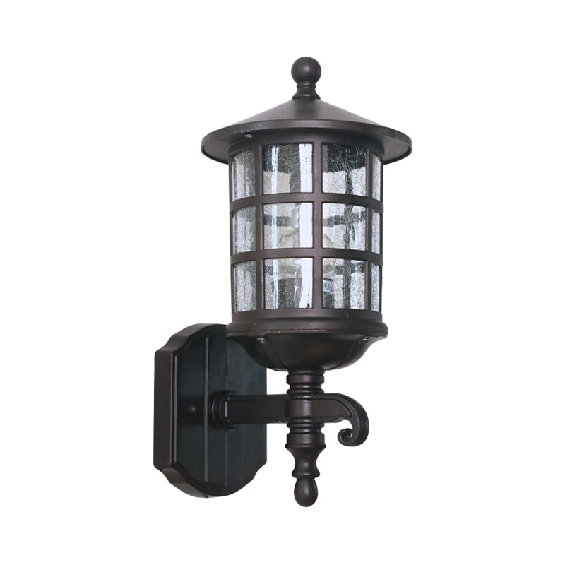 1-Light Wall Lighting Classic Lantern Clear Bubble/Crackle Glass Sconce Light in Dark Coffee for Courtyard