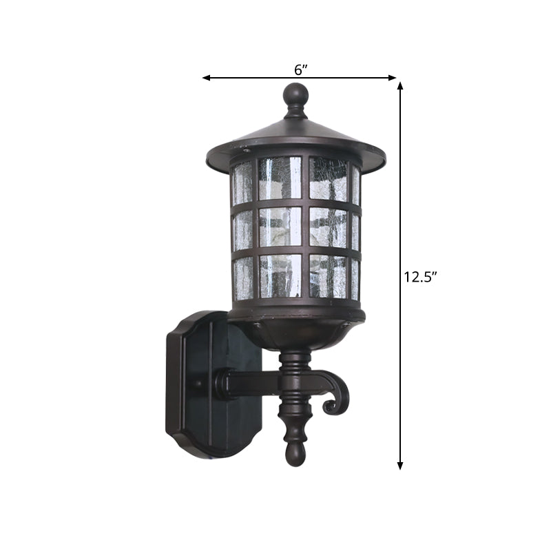 1-Light Wall Lighting Classic Lantern Clear Bubble/Crackle Glass Sconce Light in Dark Coffee for Courtyard