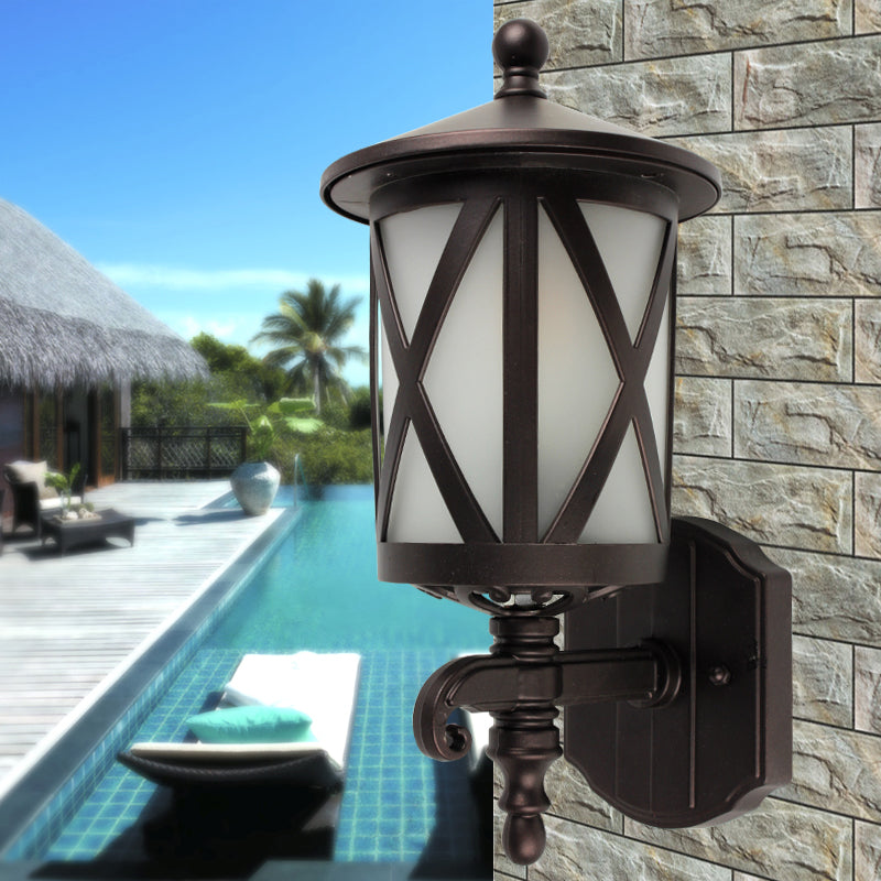 Black X-Cage Wall Light Fixture Country Style Opal Glass 1 Head Yard Wall Mounted Lighting