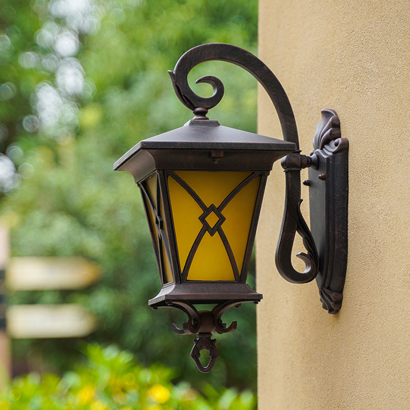 1-Bulb Yellow Glass Surface Wall Sconce Rustic Dark Coffee Lantern Outdoor Wall Lighting Ideas