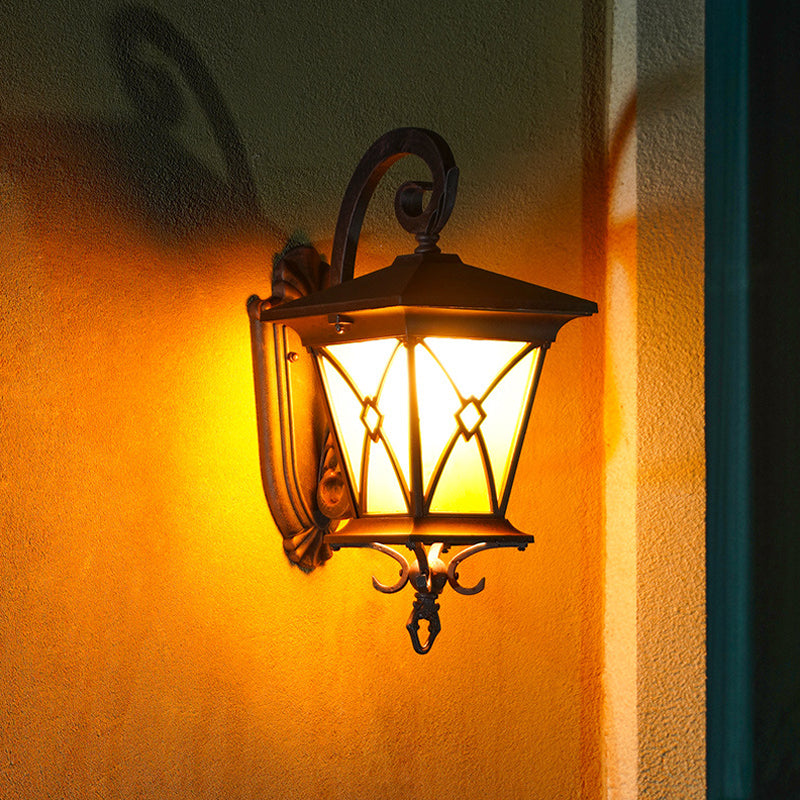 1-Bulb Yellow Glass Surface Wall Sconce Rustic Dark Coffee Lantern Outdoor Wall Lighting Ideas