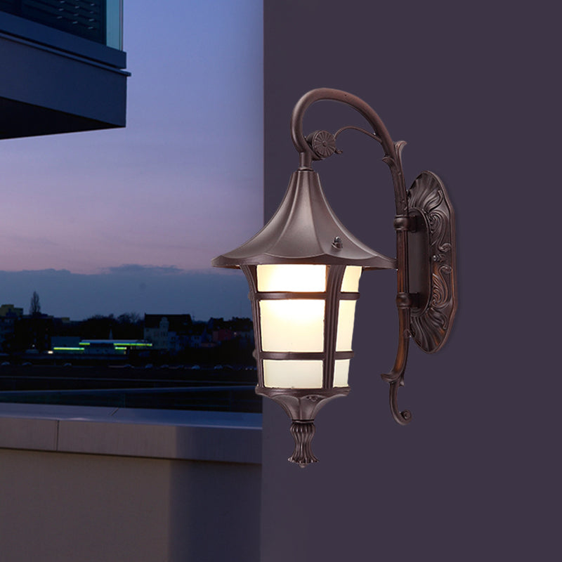 Metal Black/Coffee/Bronze Wall Light Sconce Curved Arm 1 Light Lodge Style Wall Lamp with White Glass Shade