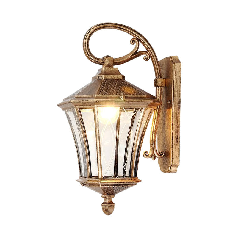 1 Bulb Wall Light Sconce Classic Lantern Clear Glass Wall Mount Lamp in Bronze with Swooping Arm