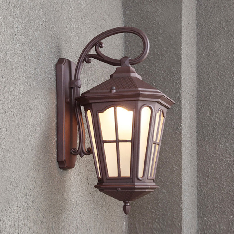 1 lughiplo a muro appeso Light Lodge Style Lantern White Glass Plipce in nero testurizzato con braccio in pilo