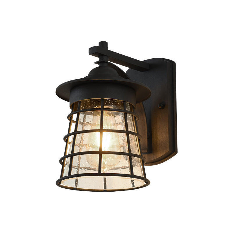 Conical Yard Wall Light Sconce Cottage Clear Ripple Glass 1 Light Black Finish Wall Mounted Lamp with Cage