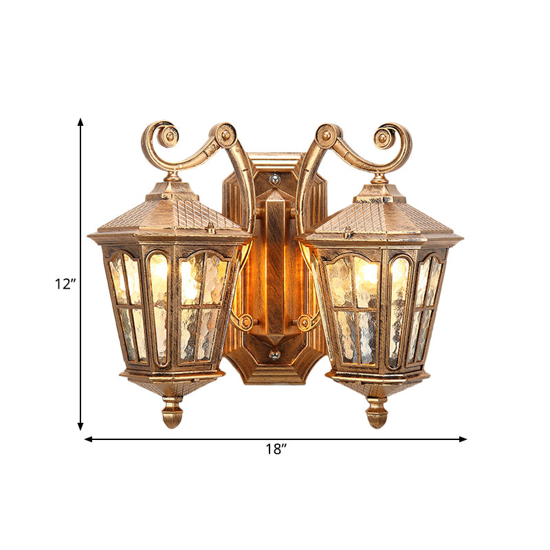 Lodge Lantern Wall Mount Lamp 2-Light Clear Water Glass Wall Lighting Fixture in Bronze