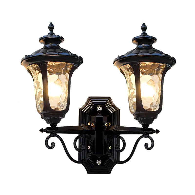 2 Bulbs Wall Mount Light Traditional Urn-Shade Clear Dimple Glass Sconce Lamp in Black