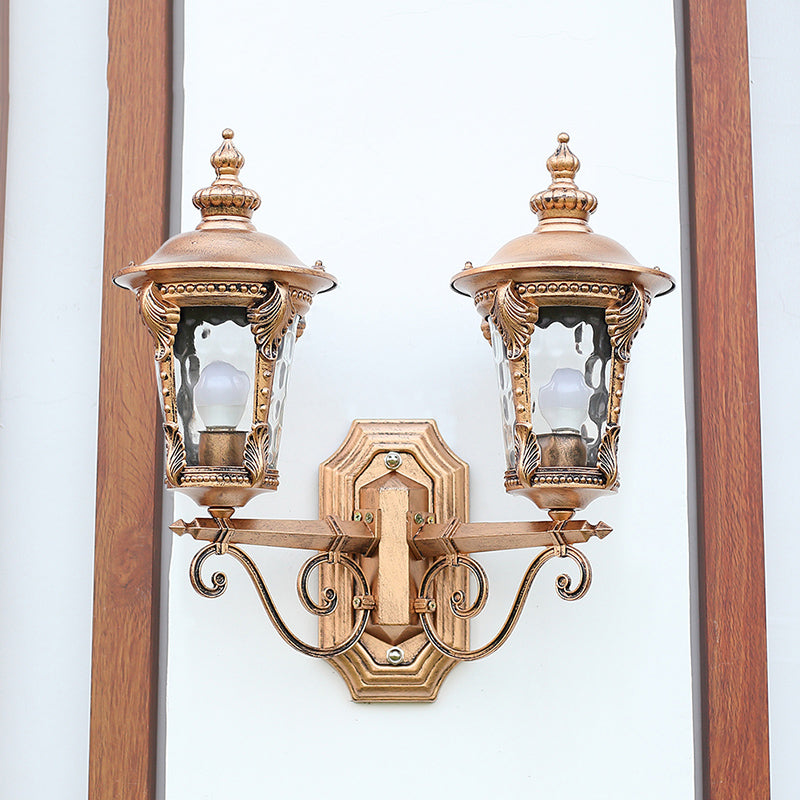 Lantern Shaped Clear Dimple Glass Wall Lighting Cottage Style 2 Heads Courtyard Wall Hanging Light in Bronze