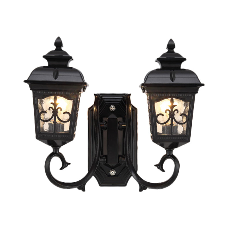 2 Bulbs Lantern Wall Mount Lighting Vintage Black Finish Clear Glass Wall Light Fixture with Curved Arm