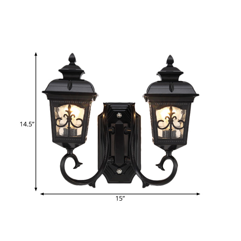 2 Bulbs Lantern Wall Mount Lighting Vintage Black Finish Clear Glass Wall Light Fixture with Curved Arm