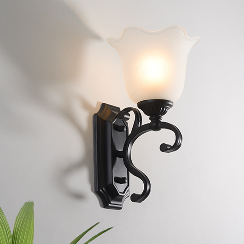 Milk Glass Floral Wall Lamp Antique 1-Bulb Living Room Wall Sconce Lighting Fixture in Black